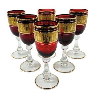 VTG Wine/Sherry Cordial Glasses Ruby Red Gilded with Clear Stem 1950s Set of 6